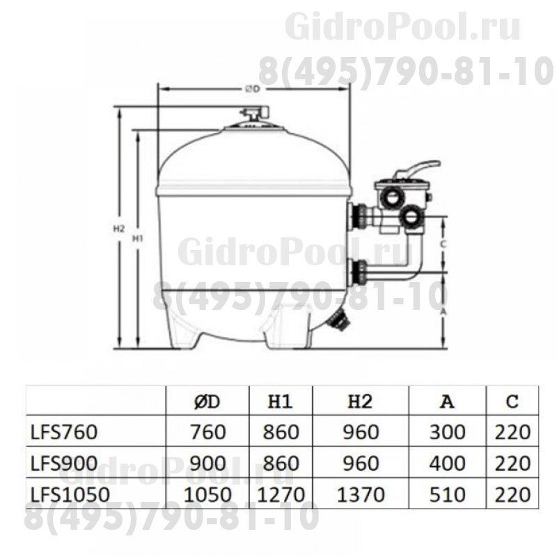 Фильтр песочный ламинированный Д. 1050мм, 43м³/час, бок. подкл. 2