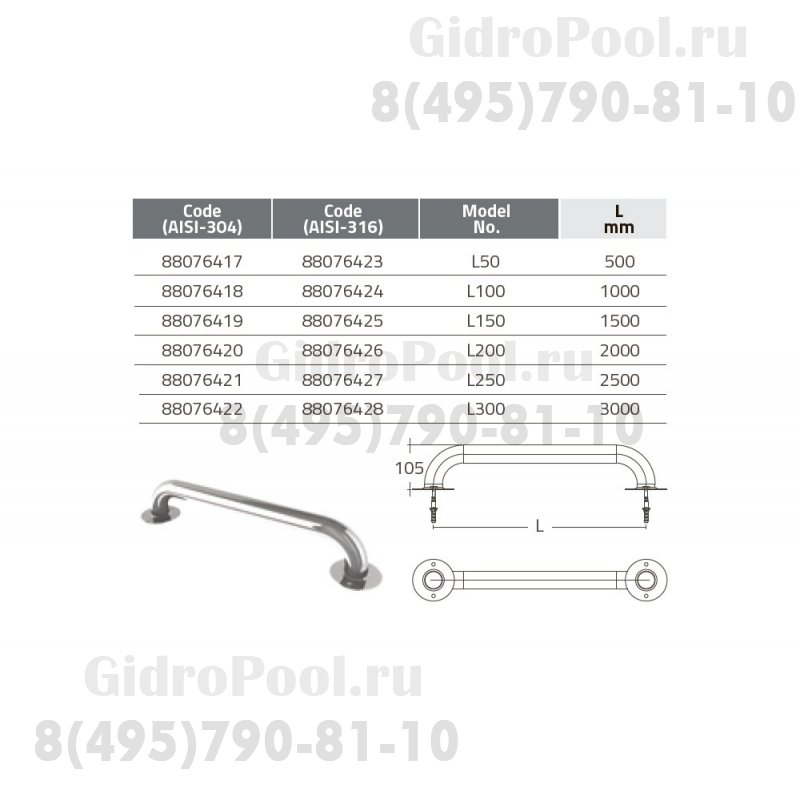 Поручень из нерж. стали 2 м Emaux L200 (88076420)