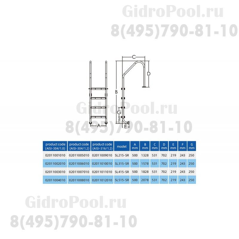 Лестница 4 ступени (ш.б.) SL AISI-304 MARKOPOOL (STANDART)