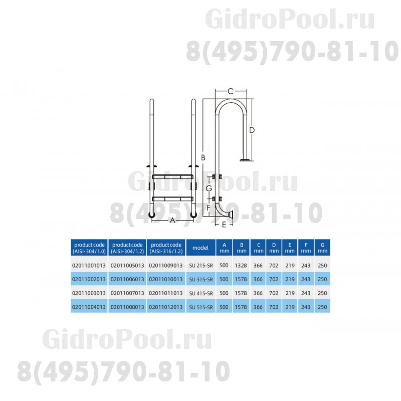 Лестница 5 ступени (ш.б.) SL AISI-316 MARKOPOOL (STANDART)