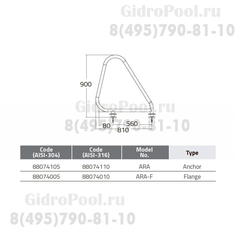Поручни из нерж. стали AISI-316 д/обществ.бас.(компл.2 шт.)ARA-F Emaux88074010 с закладными в сборе