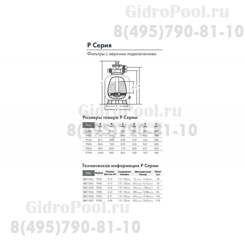 Фильтр д.400мм (верх. подсоед. 50мм) Emaux P400 (Opus) 88011602