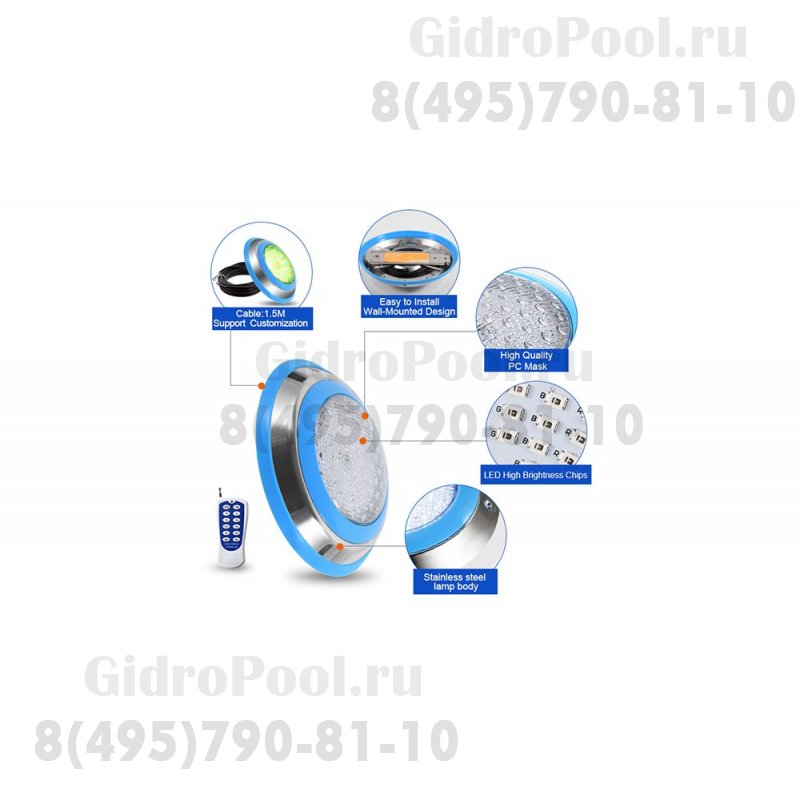 Прожектор накладной из нерж. стали рамка синяя (18Вт/12В) LED RGB с пультом Tadpole JKD-YC230-SP