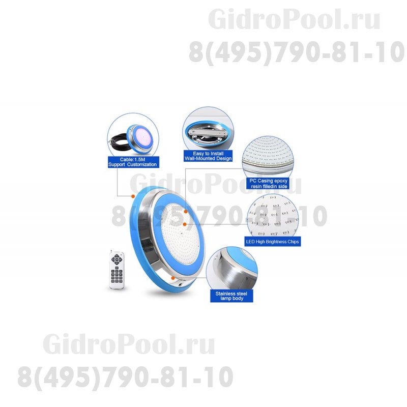 Прожектор накладной из нерж. стали рамка синяя (35Вт/12В) LED RGB с пультом Tadpole JKD-YC300-SP