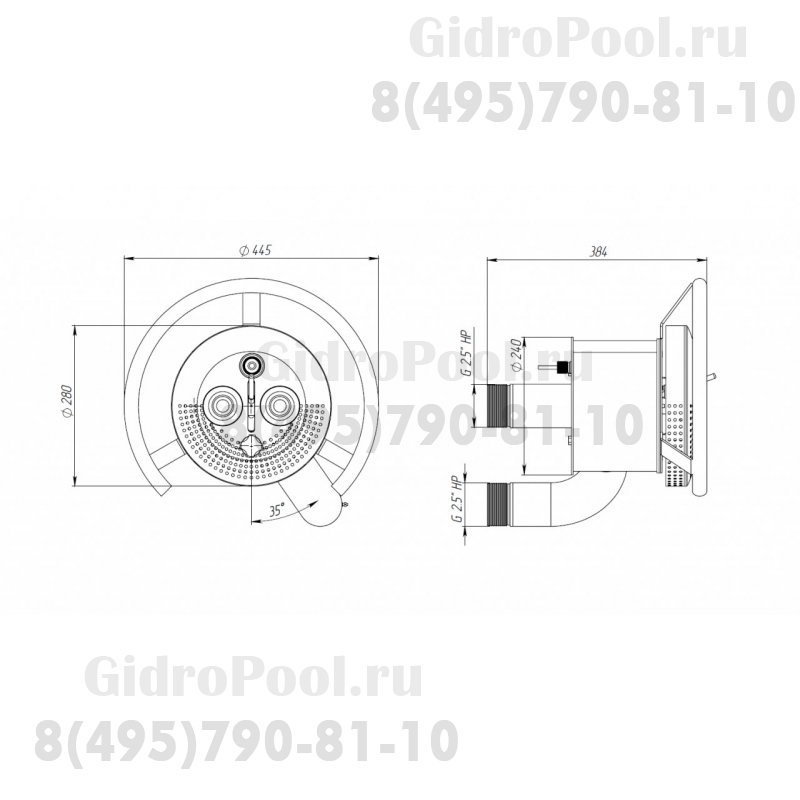 Закладной узел противотока (универсал.) 75 м3/ч с регулятором воздуха ( AISI-316L)