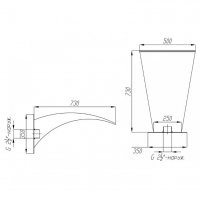 Технические характеристики:  Расход воды: 15 м3/час  Ширина излива: 350 мм  Форма излива: изогнутая, расширяющаяся кверху  Габариты корпуса): 350х467х479 мм  Присоединительный размер: 1 ½ дюйма (наружная резьба)  Материал: нерж.сталь AISI 304