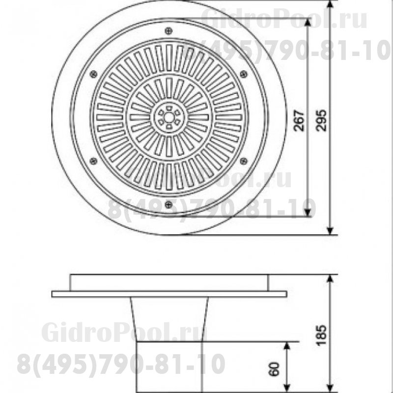 Водозабор Д.295мм, d90(клей) с накладкой из нерж. ст., под бетон