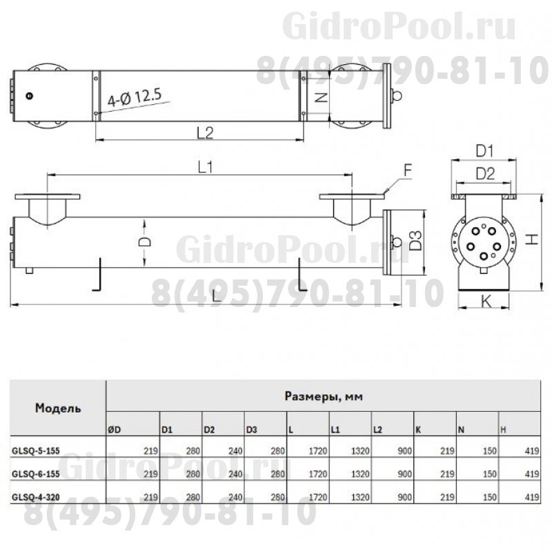 Ультрафиолетовая установка GLSQ, 4х320 Вт, 160 м³/час, DN150, AISI304, 220В, мех.оч.