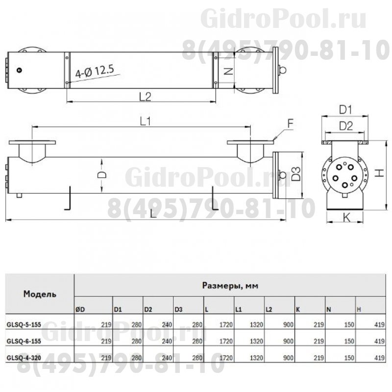 Ультрафиолетовая установка GLSQ, 4х320 Вт, 160 м³/час, DN150, AISI304, 220В, мех.оч., сенсор УФ