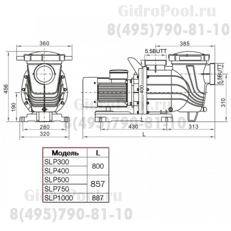 Насос SLP750 с префильтром 85-95 м³/час(12-8м), 3ф/380В, 5,5кВт/9,6A