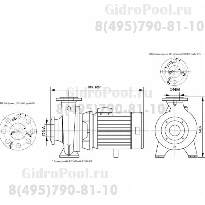 Насос GHE 55-80 без префильтра 59-77м³/час(14-10м), 3ф/380В, 4,7/4 кВт