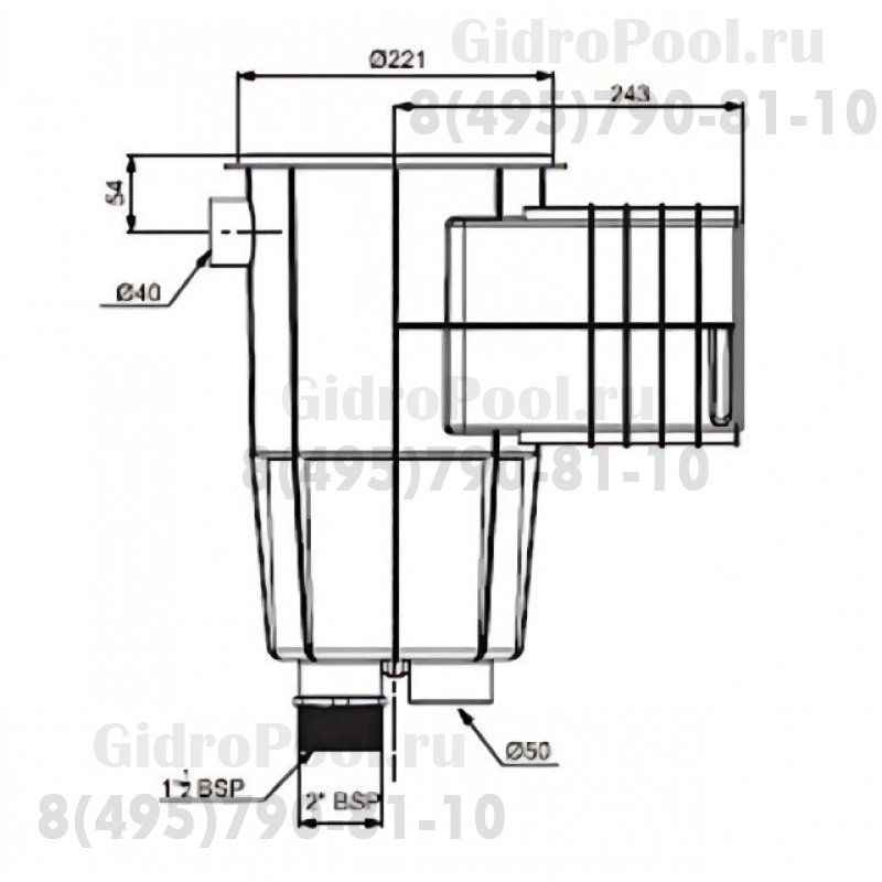 Скиммер из ABS-пластика, 17,5 л. cо стандарт. удлин. раструбом, подкл.внутр. 2