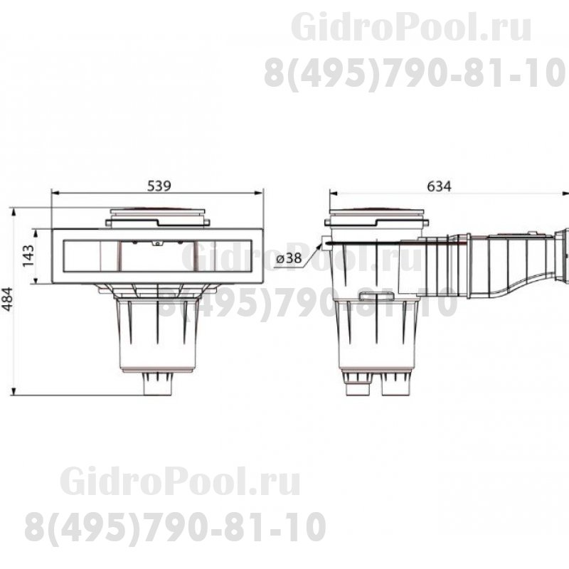 Скиммер для пленочного бассейна 15 л. c узким удлиненным растр подкл. внутр. 1½