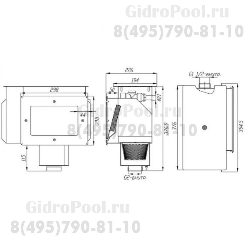 Скиммер нерж. ст. AISI-304 с камерой долива и переливным желобом подкл. внутр. 2