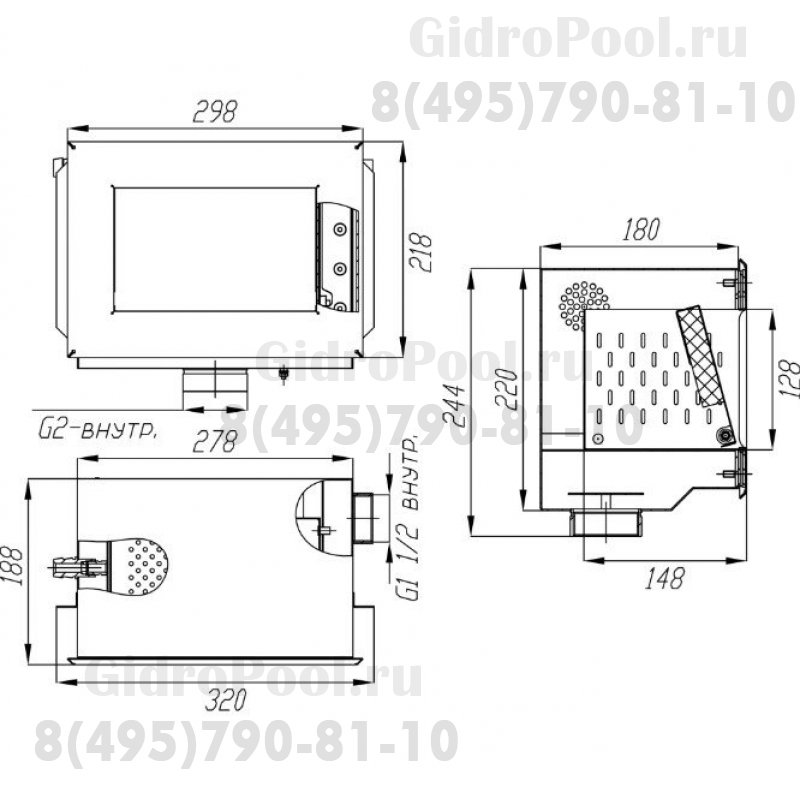 Скиммер нерж. ст. AISI-304 мини с выдвижной корзиной подкл. 2
