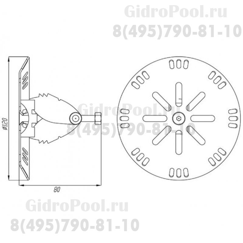 Форсунка стеновая/донная Ø 120 (универ) с распорным механизмом Ø50/63/75 нерж. ст. AISI-304
