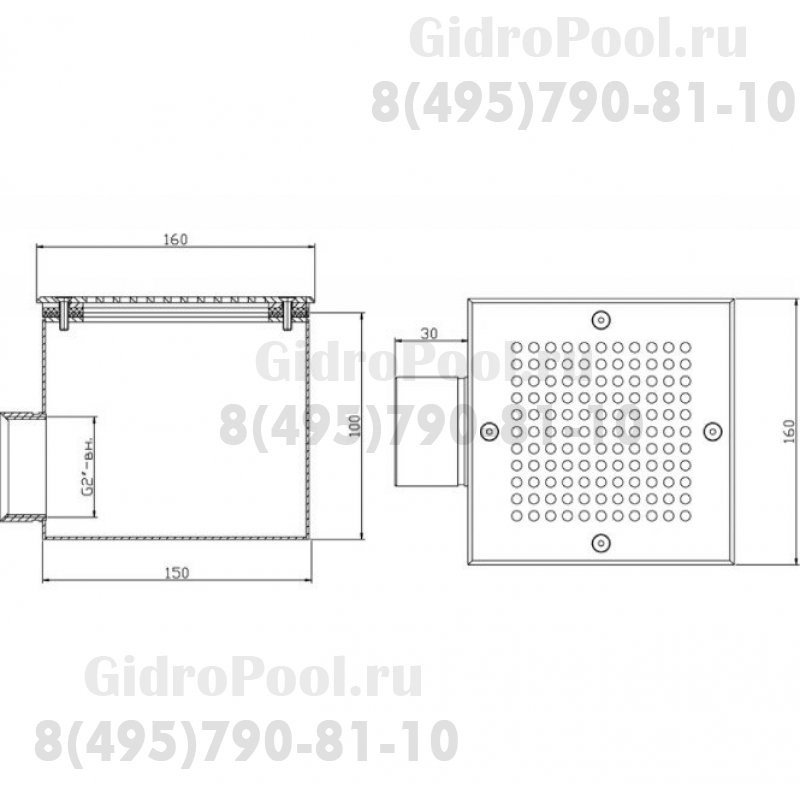 Донный слив квадратный сетчатый 150х150х100 нерж. AISI-304 подкл. внутр. 2
