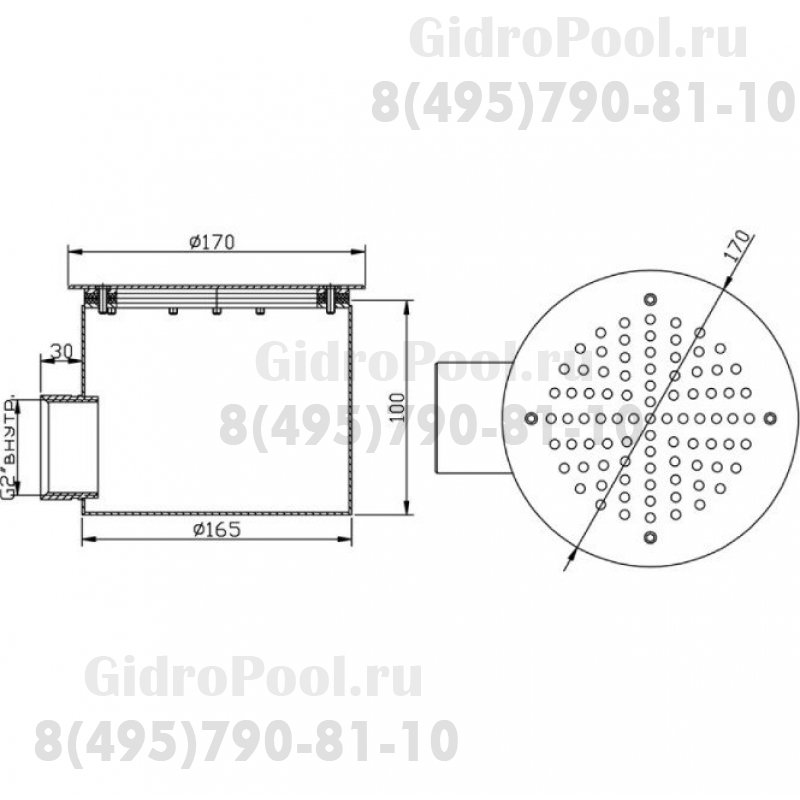 Донный слив круглый Ø 165х100 нерж. AISI-316 подкл. внутр. 2