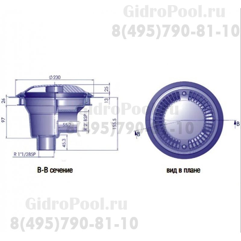 Донный слив круглый Ø 136 ABS-пластик, подкл. бок. 2