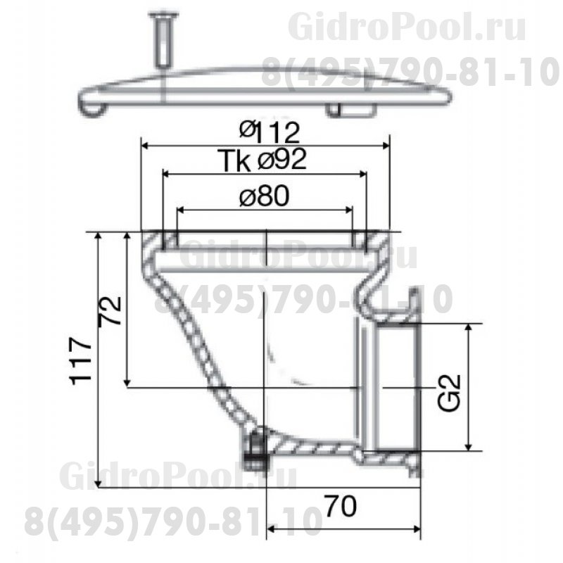 Донный слив 112x117 из RG-бронза с антивихревой крышкой AISI-316, подкл. внутр. 2
