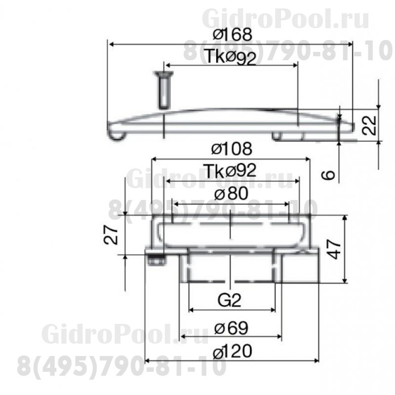 Донный слив Ø 168 из RG-бронза с антивихревой крышкой AISI-316, подкл. внутр. 2