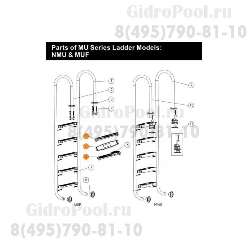 Ступень из нерж. стали AISI-304 лестницы Emaux с резиновой накладкой (89070108/Е120108)