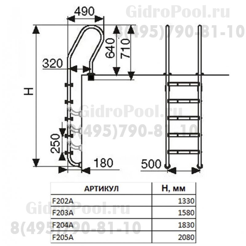 Лестница F, 2 ступ. с накладкой люкс, нерж. AISI-304 (узкий борт)