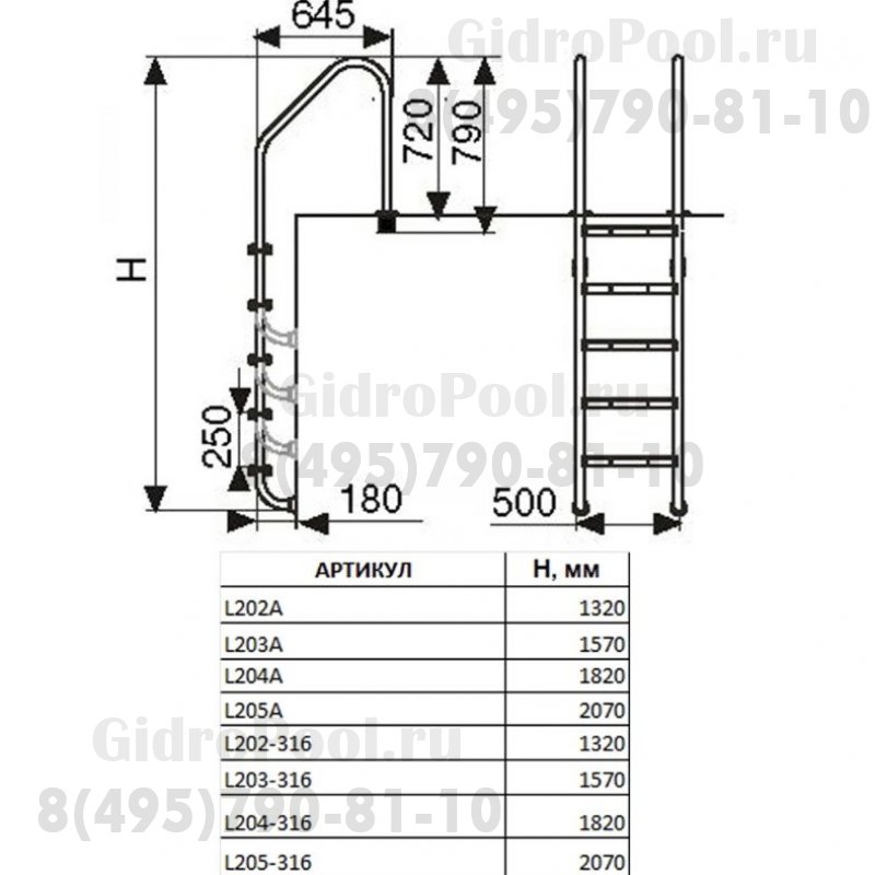 Лестница 5 ступ. с накладкой люкс, нерж. AISI-316 (широкий борт)