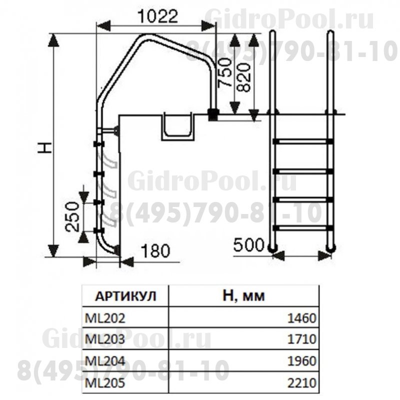 Лестница ML, перелив. желоба 2 ступ. с накладкой люкс, нерж. AISI-304