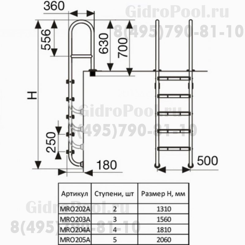 Лестница MRO, усиленная 2 ступ. с накладкой люкс, нерж. AISI-304 (узкий борт)