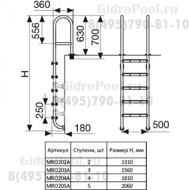 Лестница MRO, усиленная 5 ступ. с накладкой люкс, нерж. AISI-304 (узкий борт)