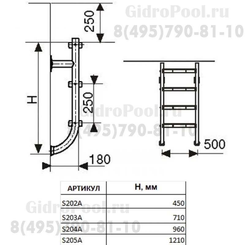 Лестница 2 ступ. с накладкой люкс, нерж. AISI-304 (нижняя часть)
