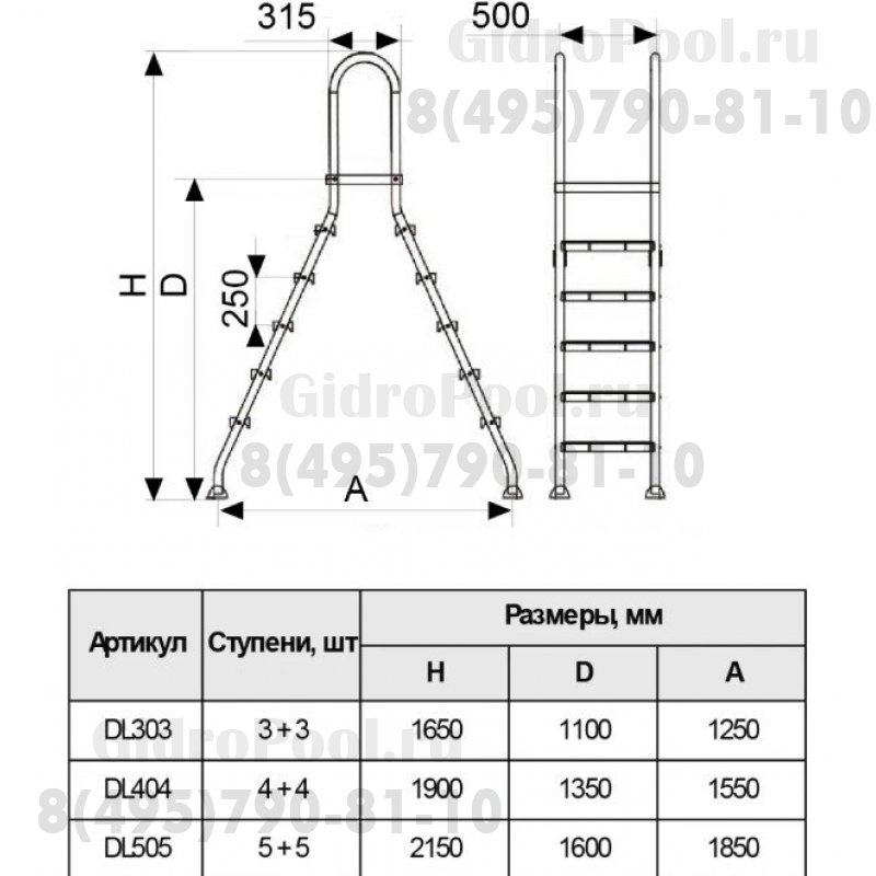 Лестница двухсторонняя 5+5 ступеней, S=1.1 мм, AISI-304