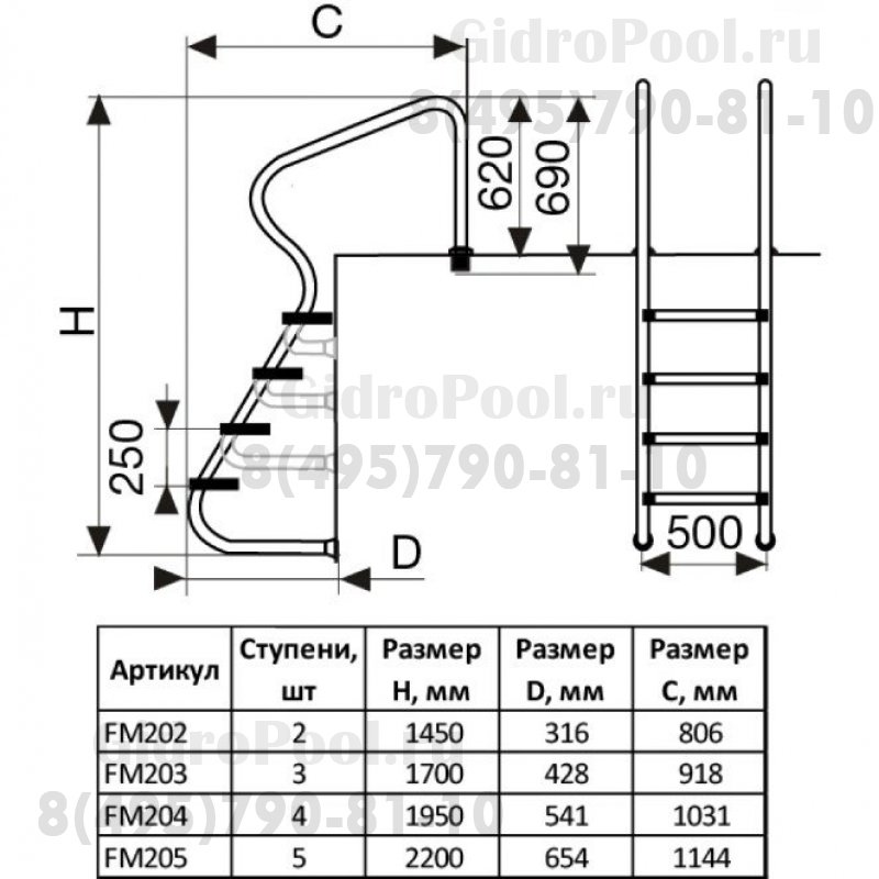 Лестница FM, 2 ступ. с накладкой люкс, S=1.1 мм, нерж.AISI-304 (перелив. желоб)