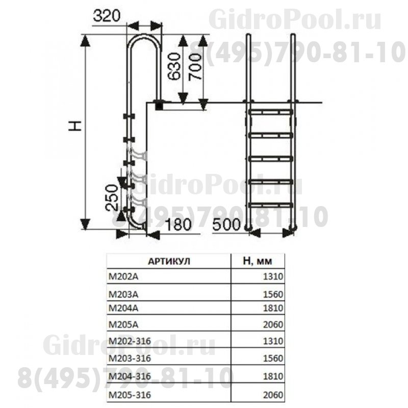 Лестница 2 ступ. с накладкой люкс, нерж. AISI-316 (узкий борт)
