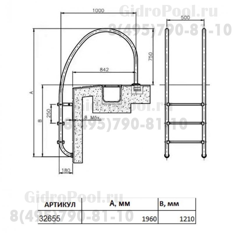 Лестница Overflow 4 ступени (нерж.ст., ступени люкс) AISI-316 (широкий борт)