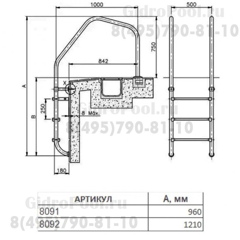 Лестница Split без поручней 3 ступени + 1 предохран.ступень (нерж.ст., ступени люкс) AISI-316
