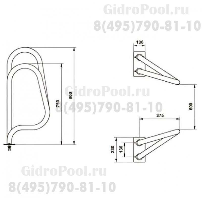 Поручень для выхода из бассейна перекрестный 375 х 750/900мм., AISI-316 (2шт)