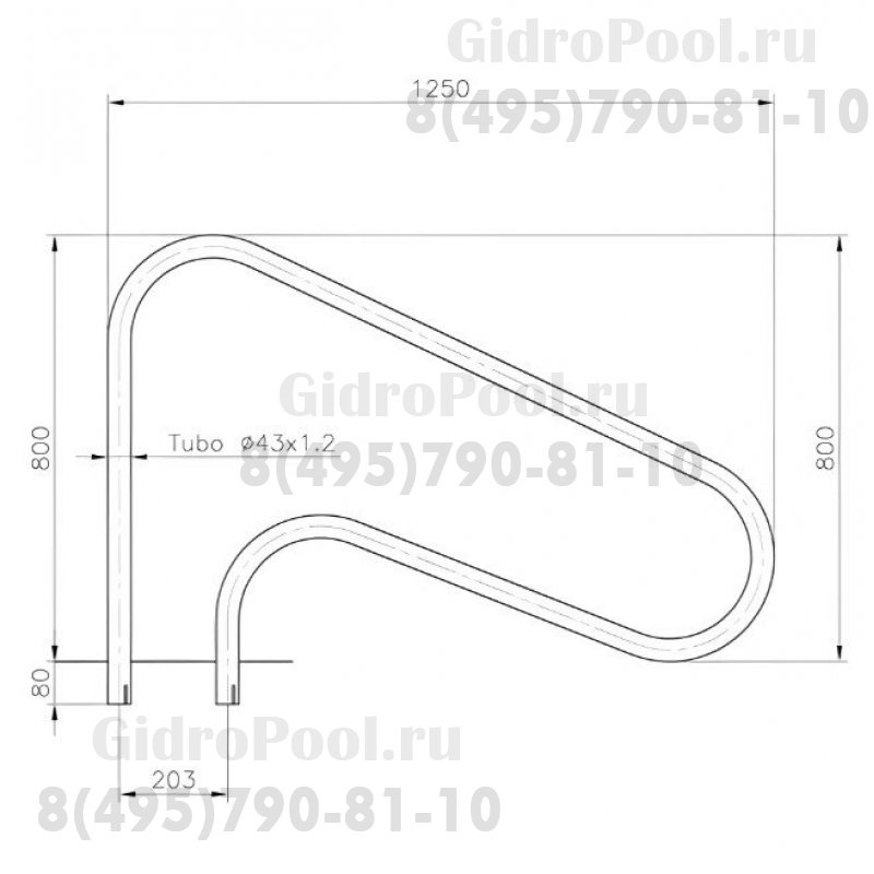 Поручень для римской лестницы дл. 1250мм + фланцы, AISI-316