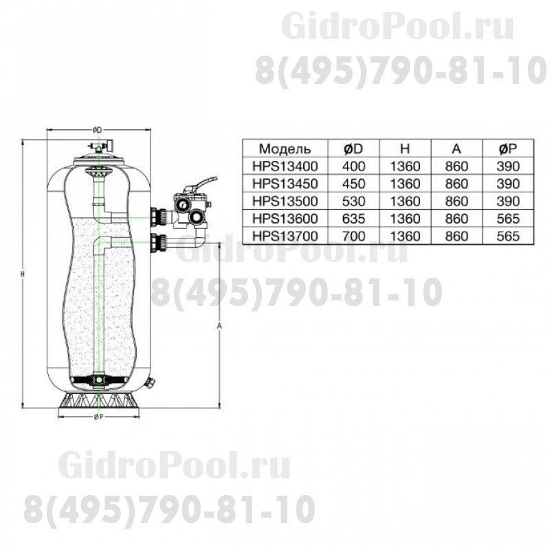Фильтр НРS13400, шпул.навивки, d.400мм, 3.9м³/ч, выс.0,8м, бок. подкл. 1½