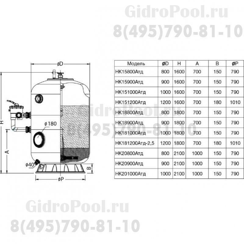 Фильтр HK18900Aтд, шпул.навивки Д. 900мм,30м³/ч,выс.1м;доп.опции, бок. подкл. 2