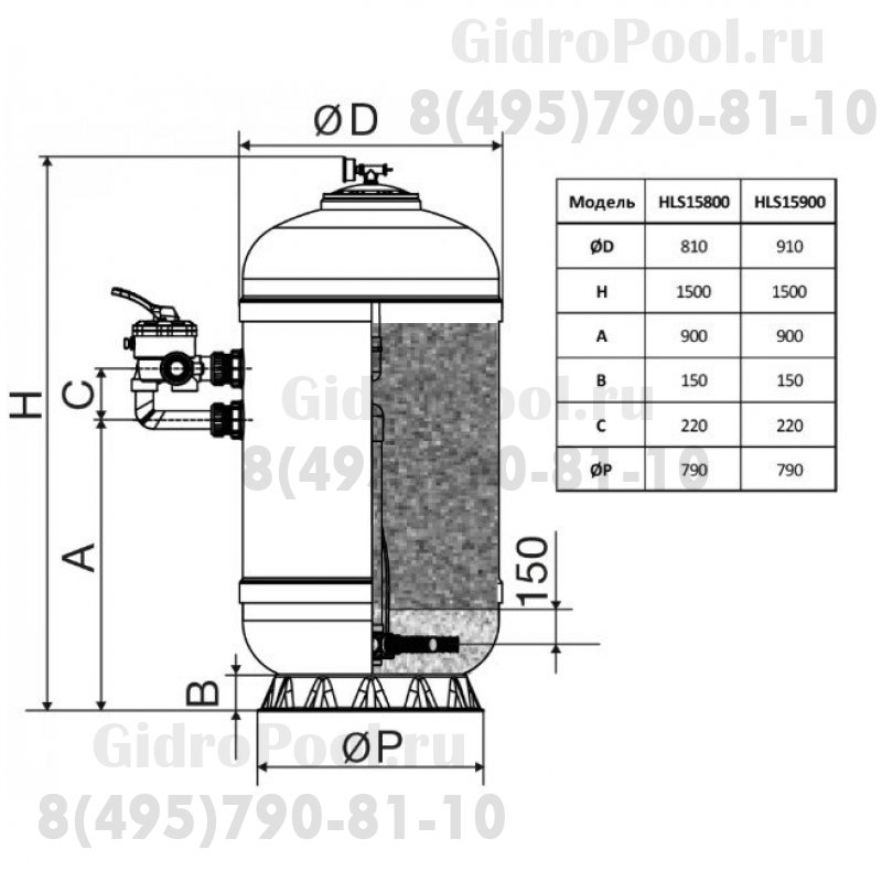 Фильтр ламинированный d.900мм, 25.5м³/ч, выс загр. 0,70м, бок. подкл. 2