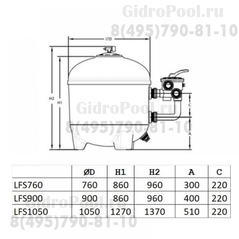Фильтр песочный ламинированный Д. 900мм, 32м³/час, бок. подкл. 2
