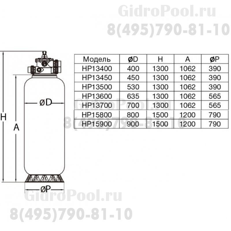 Фильтр HP13700, шпул. навивки, d.700мм.,13,3м³/ч, выс загр.0,75м, верх.подкл. 1½