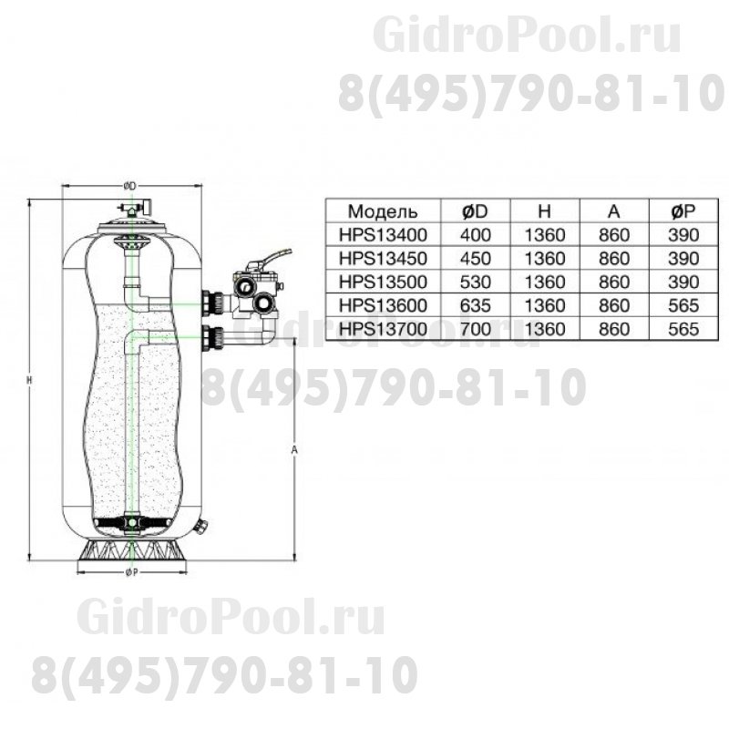 Фильтр HPS13500.OZ, шпул. навивки озон.Д.500мм,7м³/ч выс загр.0,8м,бок.подкл. 1½