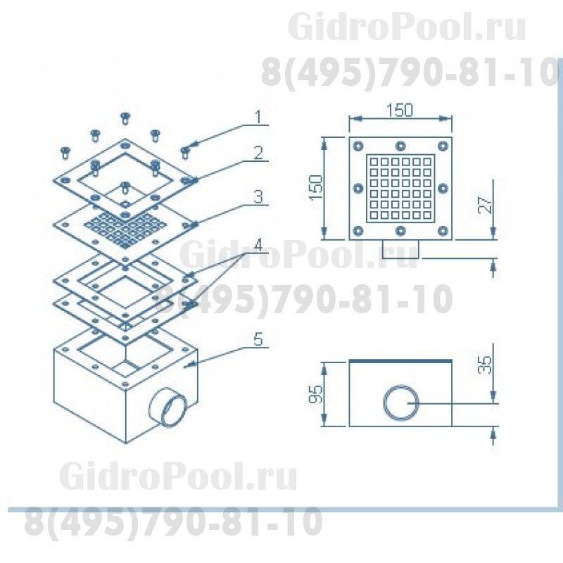 Донный слив Аква-Техника 150х150 мм  (пленочный, панельный, композитный)