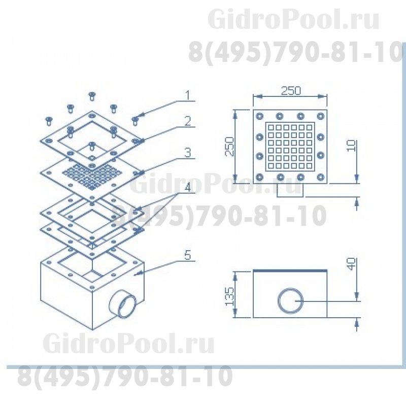 Донный слив Аква-Техника 250х250 мм  (бетон)