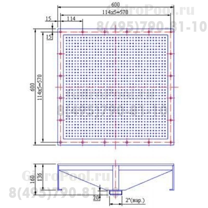 Плато аэромассажное из нерж. стали (универ.квадрат) M.G 600-2